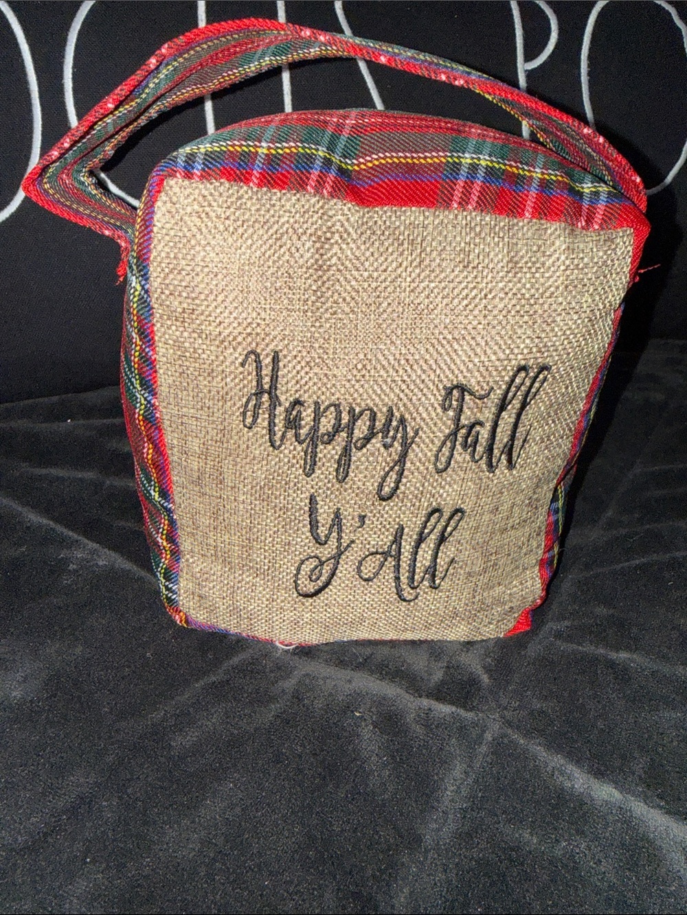 Burlap "Happy Fall Y'All" Doorstop - Plaid Trim